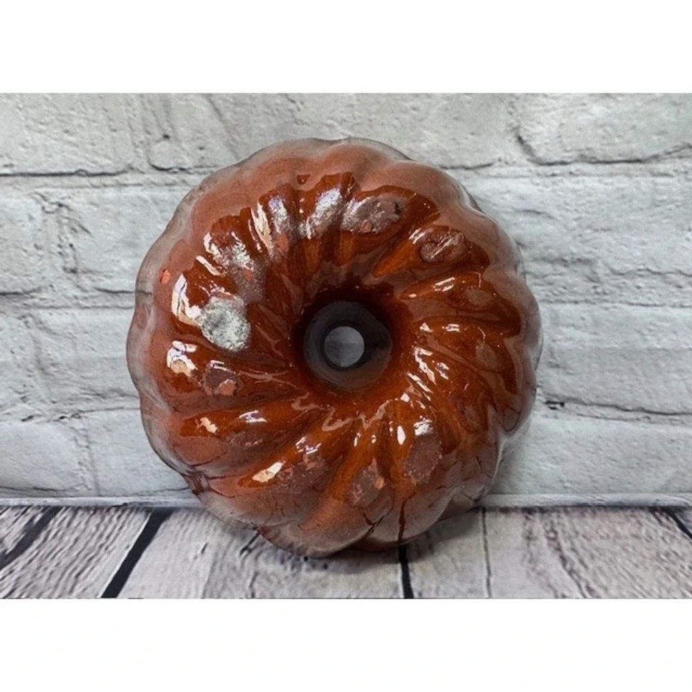 Vintage Brown Drip Glaze Pottery Bundt Cake Pan Mold 7